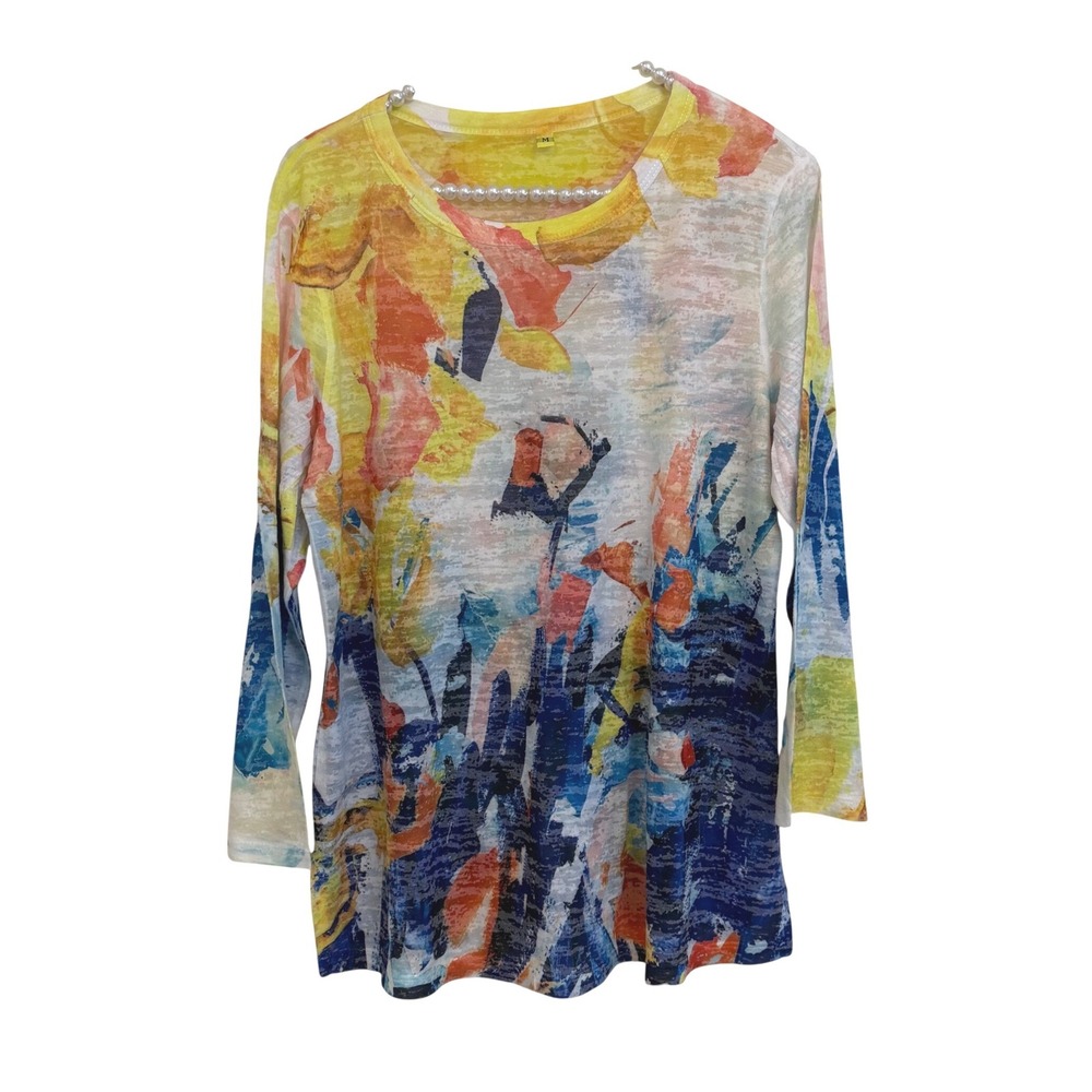 Jess & Jane Womens M 2pc Set Boho Abstract Floral Mesh Vest & Long Sleeve Top - Picture 2 of 8